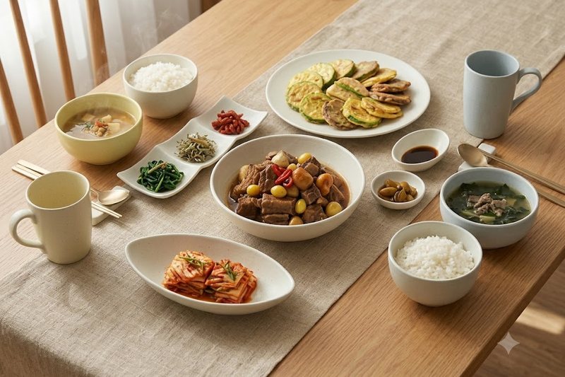 백자 소지로 만든 밥공기, 국그릇, 접시, 머그로 차린 한식 상